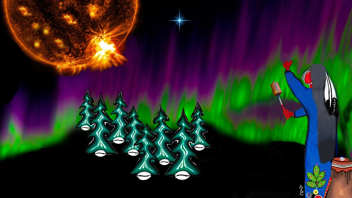 Naanaate Northern Lights Woodland artwork by Zhaawano Giizhik